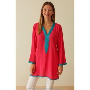 MADELINE WEINRIB TUNIC TOP V NECK LONG SLEEVE ETHNIC INSPIRED BOHEMIAN ELEGANT M